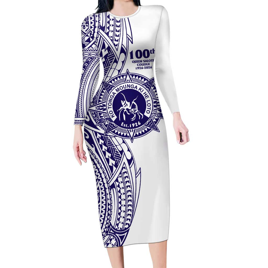 Tonga Queen Salote College 100th Years Family Matching Long Sleeve Bodycon Dress and Hawaiian Shirt White Tonga Kupesi Uniquely Pacific Art LT9 Mom's Dress White - Polynesian Pride