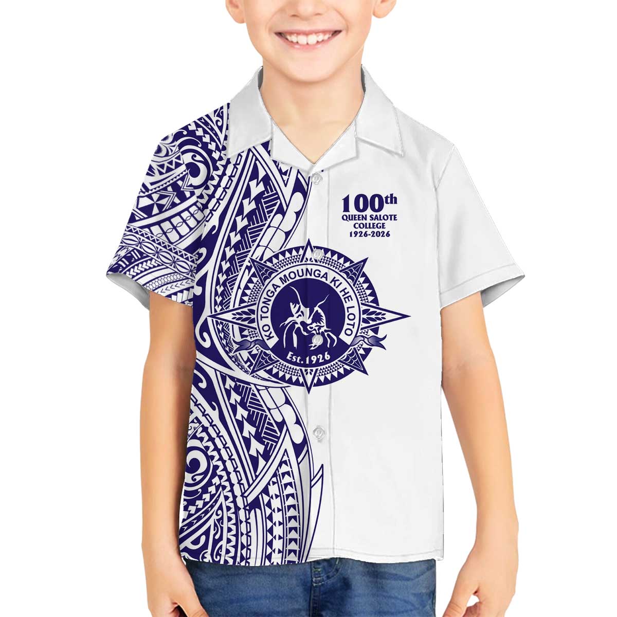Tonga Queen Salote College 100th Years Family Matching Off The Shoulder Long Sleeve Dress and Hawaiian Shirt White Tonga Kupesi Uniquely Pacific Art - Polynesian Pride