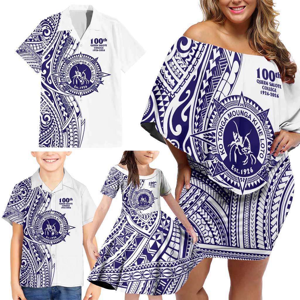 Tonga Queen Salote College 100th Years Family Matching Off Shoulder Short Dress and Hawaiian Shirt White Tonga Kupesi Uniquely Pacific Art LT9 - Polynesian Pride