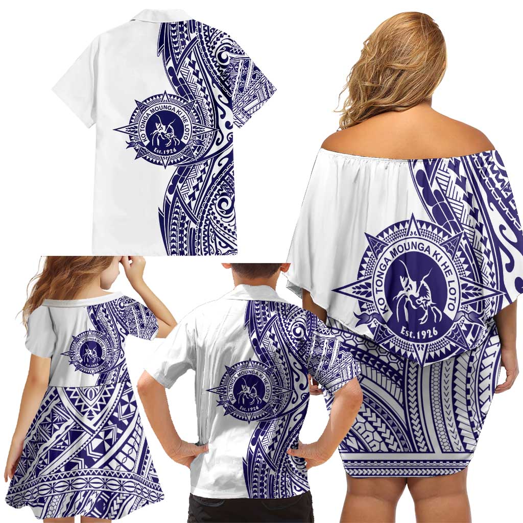 Tonga Queen Salote College 100th Years Family Matching Off Shoulder Short Dress and Hawaiian Shirt White Tonga Kupesi Uniquely Pacific Art LT9 - Polynesian Pride