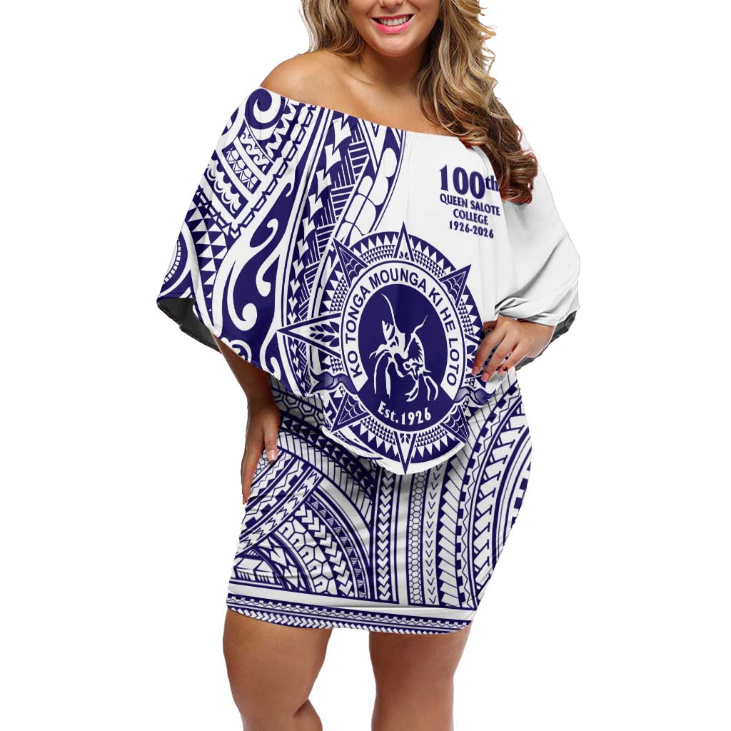 Tonga Queen Salote College 100th Years Family Matching Off Shoulder Short Dress and Hawaiian Shirt White Tonga Kupesi Uniquely Pacific Art LT9 Mom's Dress White - Polynesian Pride