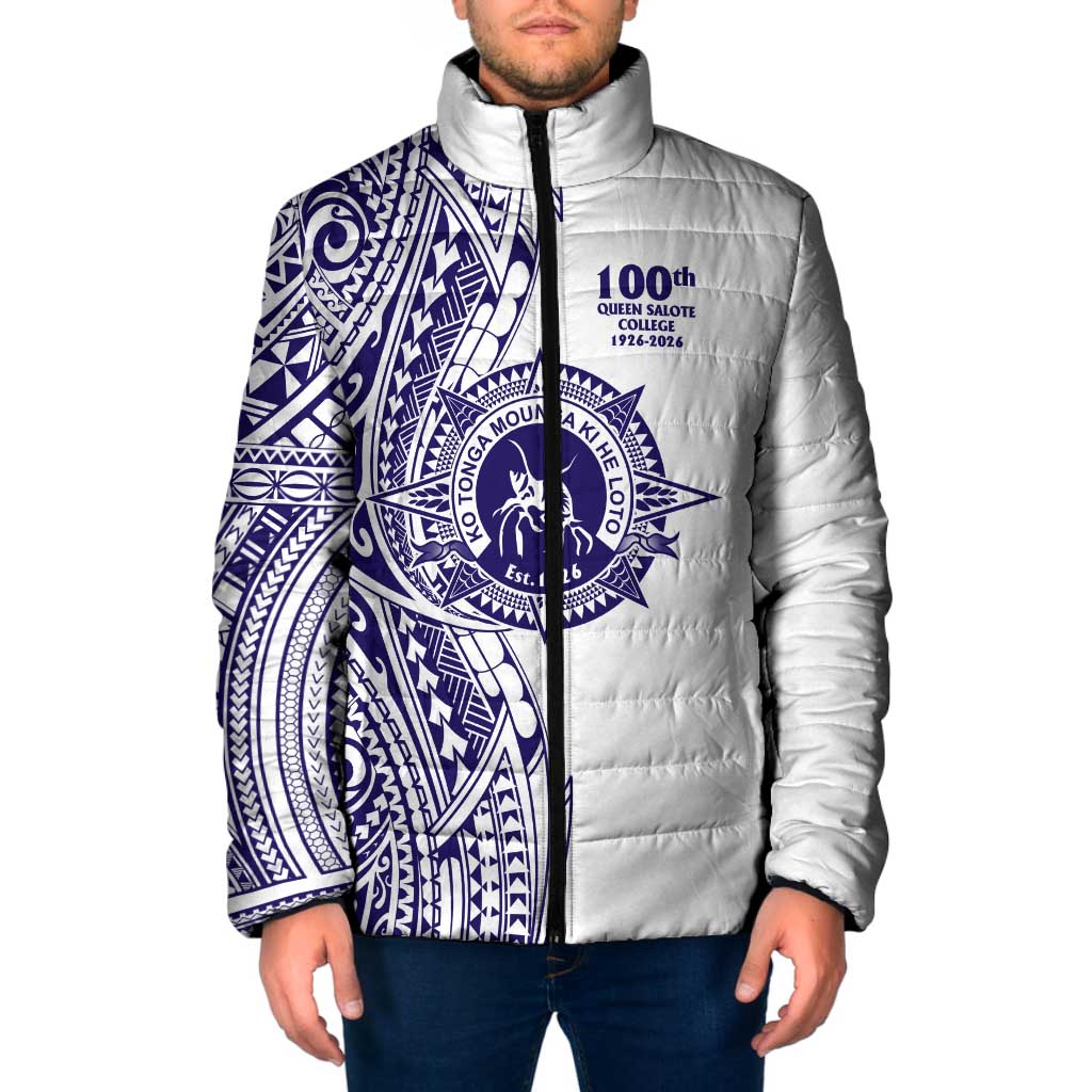 Tonga Queen Salote College 100th Years Padded Jacket White Tonga Kupesi Uniquely Pacific Art LT9 Men White - Polynesian Pride