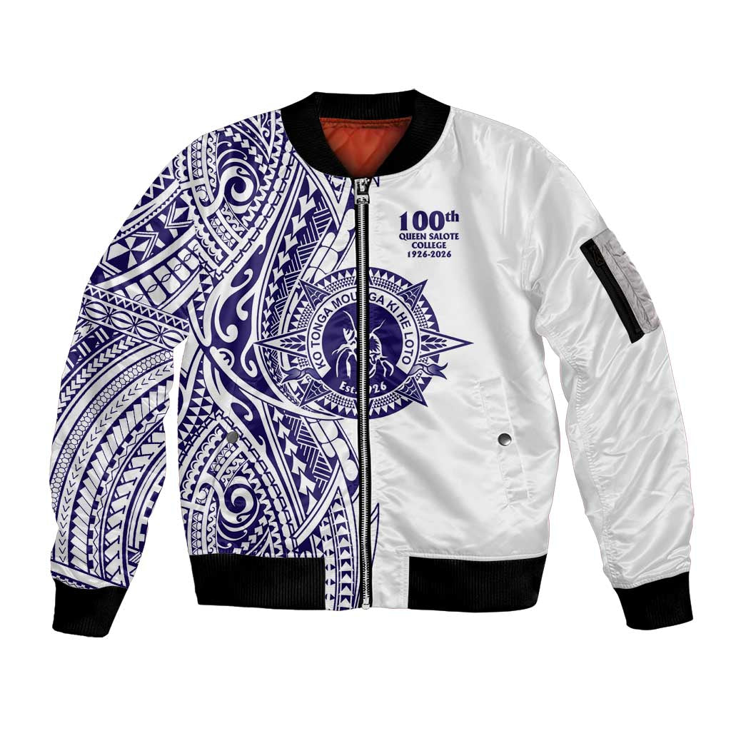 Tonga Queen Salote College 100th Years Sleeve Zip Bomber Jacket White Tonga Kupesi Uniquely Pacific Art LT9 Unisex White - Polynesian Pride