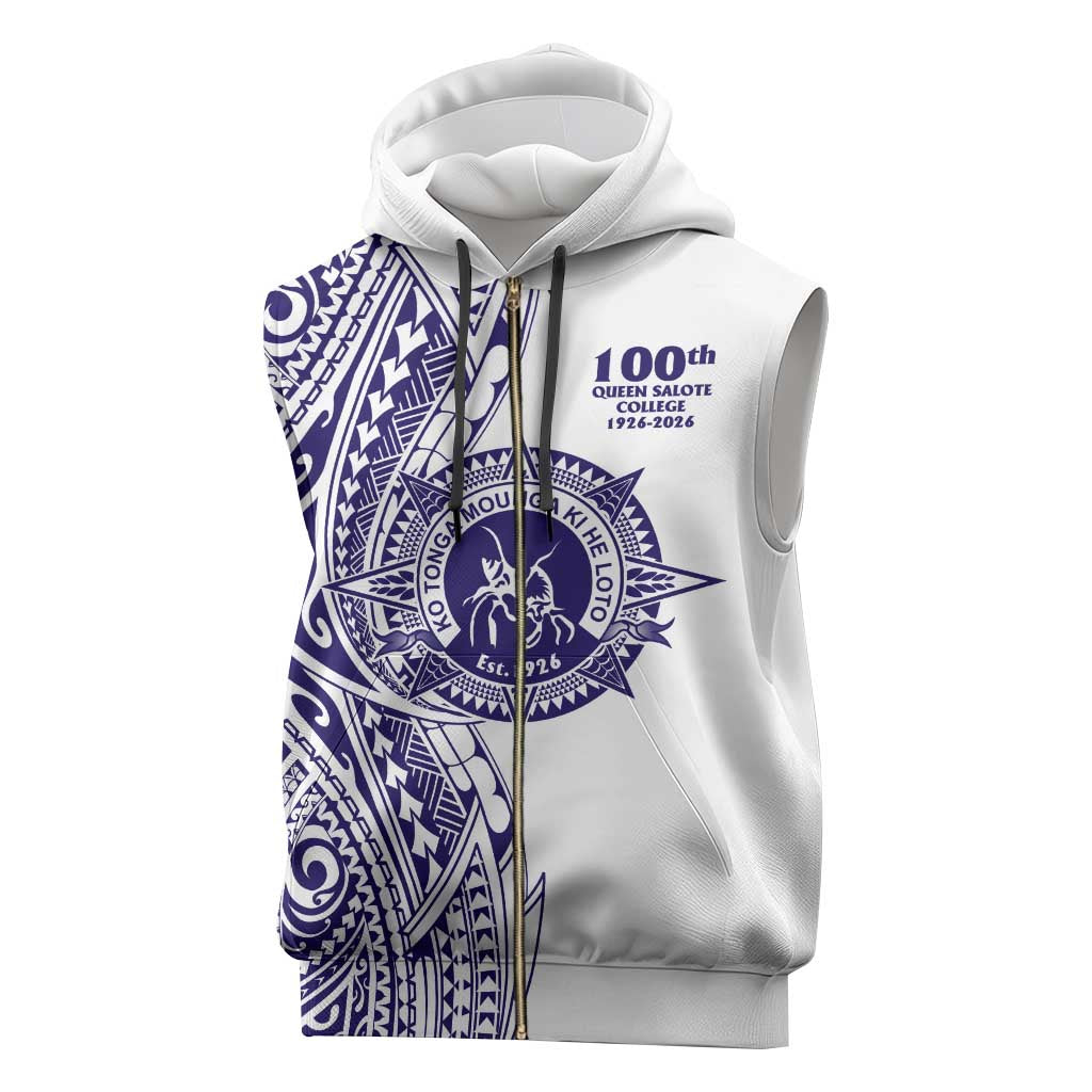 Tonga Queen Salote College 100th Years Sleeveless Zip Hoodie White Tonga Kupesi Uniquely Pacific Art - Polynesian Pride