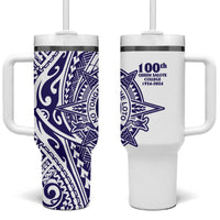 Tonga Queen Salote College 100th Years Tumbler With Handle White Tonga Kupesi Uniquely Pacific Art - Polynesian Pride