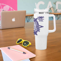 Tonga Queen Salote College 100th Years Tumbler With Handle White Tonga Kupesi Uniquely Pacific Art - Polynesian Pride