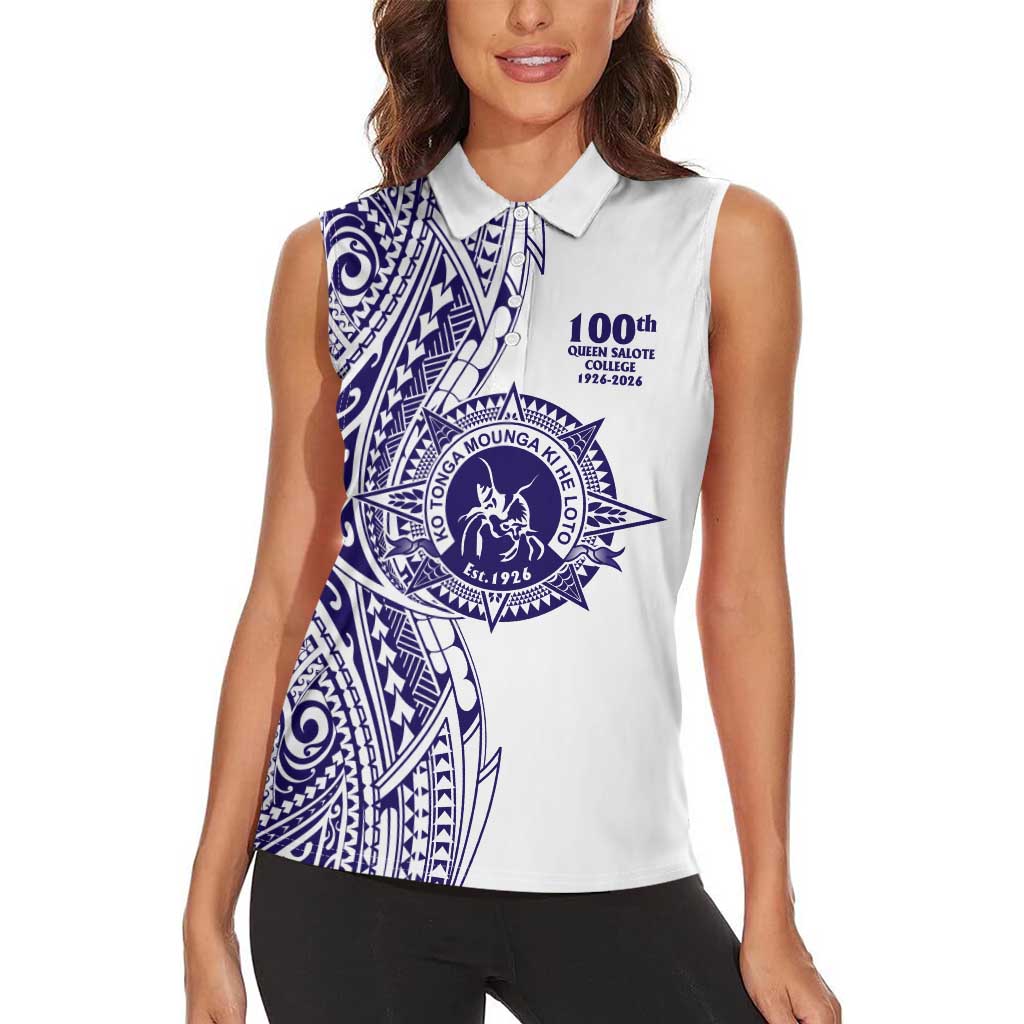 Tonga Queen Salote College 100th Years Women Sleeveless Polo Shirt White Tonga Kupesi Uniquely Pacific Art LT9 - Polynesian Pride