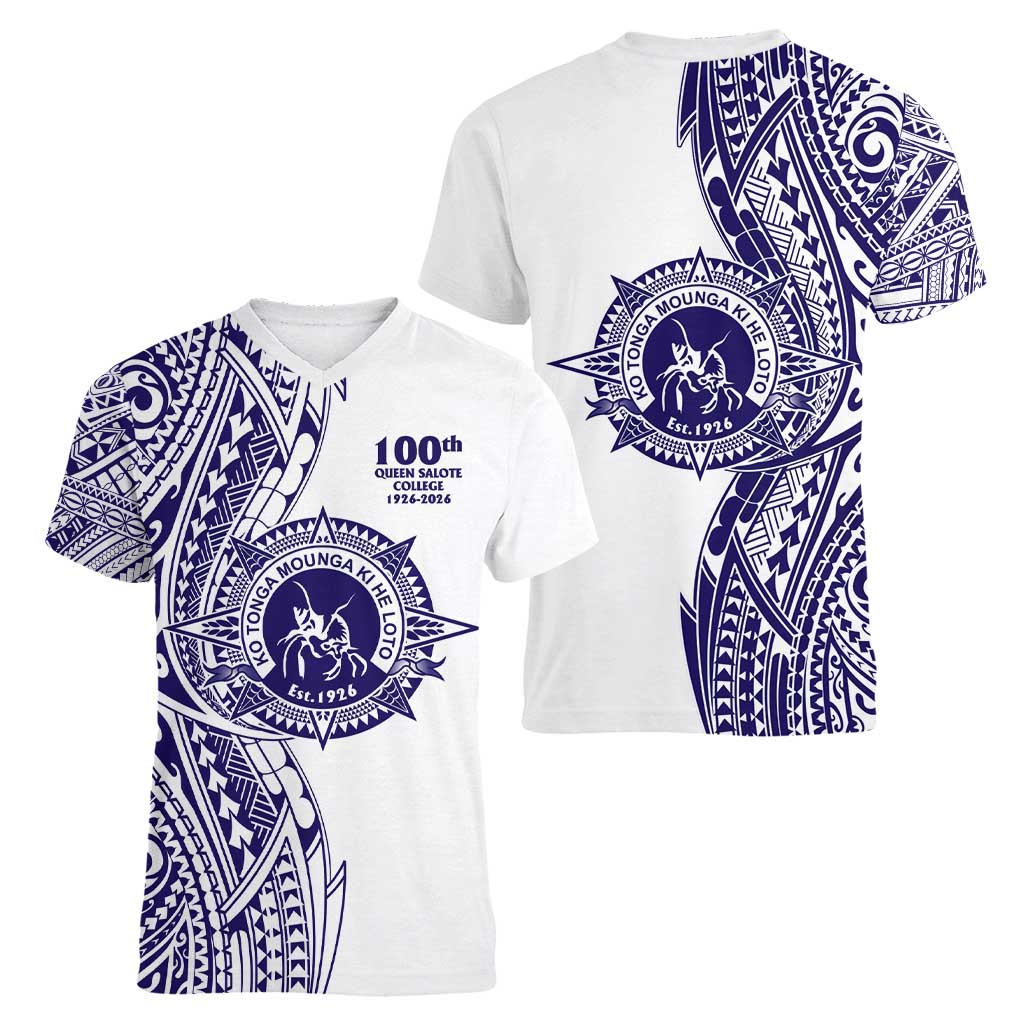 Tonga Queen Salote College 100th Years Women V-Neck T-Shirt White Tonga Kupesi Uniquely Pacific Art LT9 - Polynesian Pride