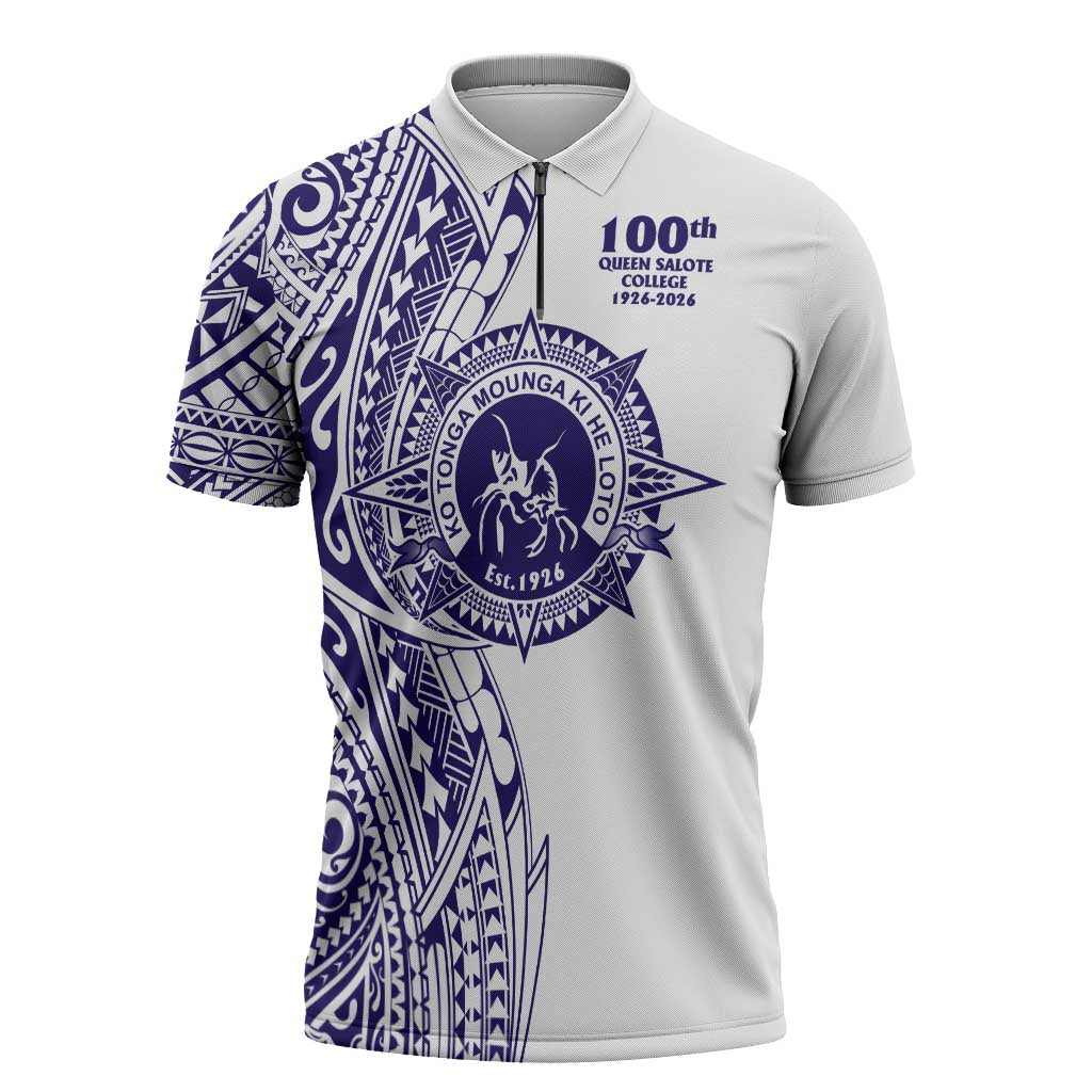 Tonga Queen Salote College 100th Years Zipper Polo Shirt White Tonga Kupesi Uniquely Pacific Art - Polynesian Pride
