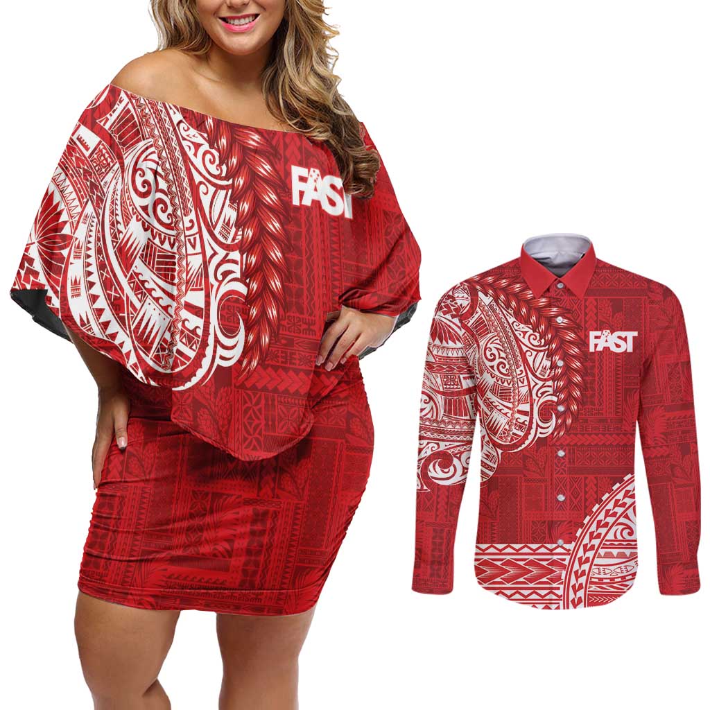Samoa FAST Couples Matching Off Shoulder Short Dress and Long Sleeve Button Shirt Samoan Motif Patterns - Polynesian Pride