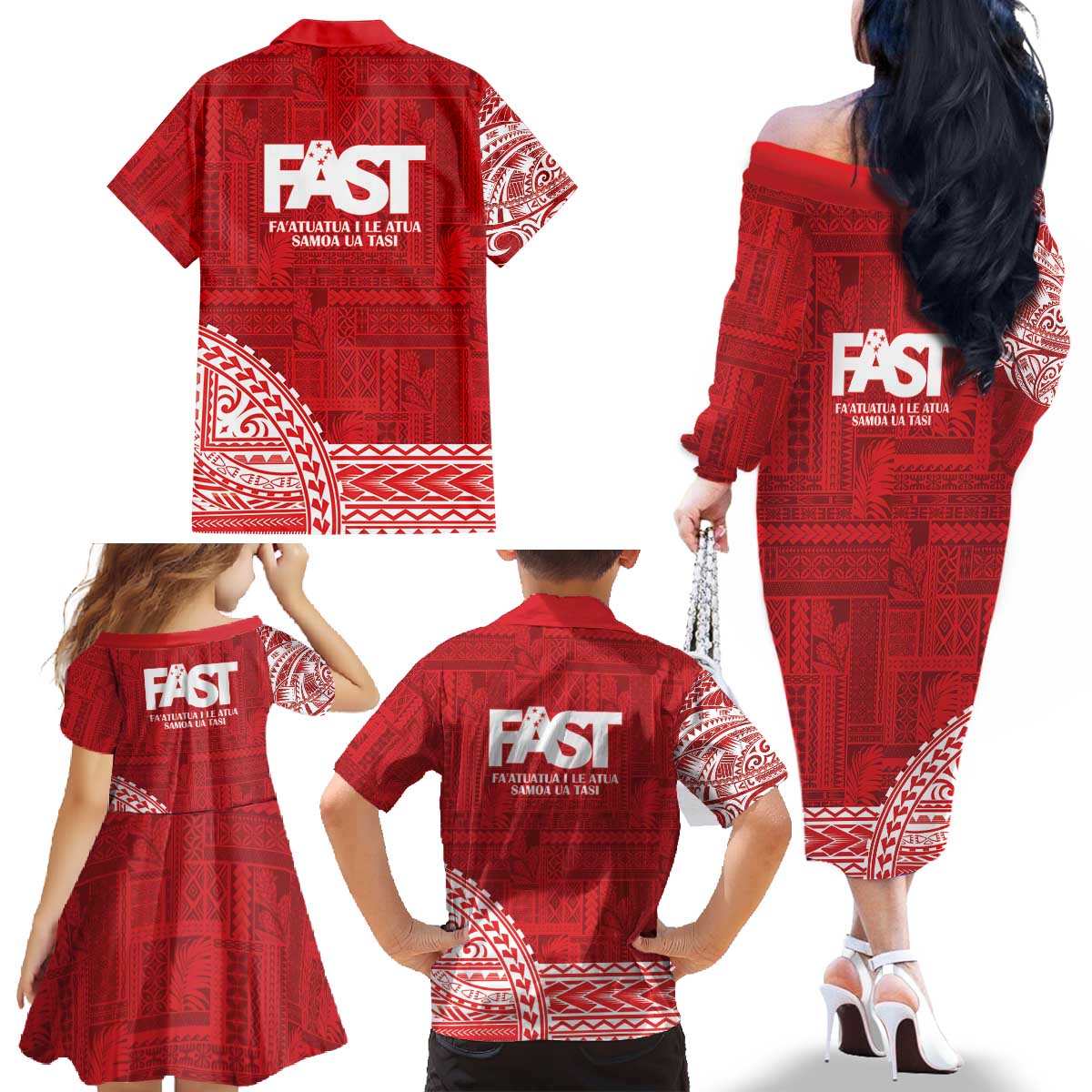 Samoa FAST Family Matching Off The Shoulder Long Sleeve Dress and Hawaiian Shirt Samoan Motif Patterns - Polynesian Pride