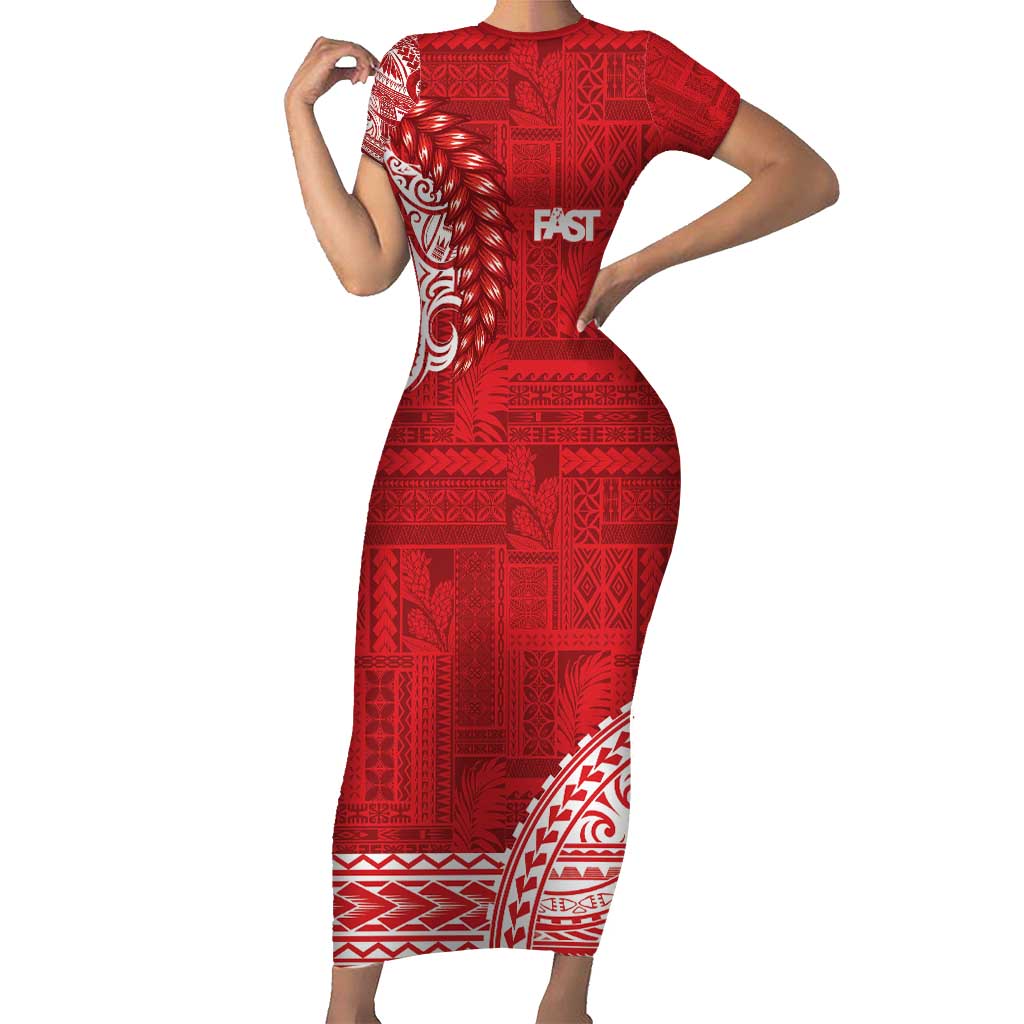 Samoa FAST Short Sleeve Bodycon Dress Samoan Motif Patterns LT9 Long Dress Red - Polynesian Pride