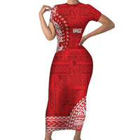 Samoa FAST Short Sleeve Bodycon Dress Samoan Motif Patterns LT9 Long Dress Red - Polynesian Pride