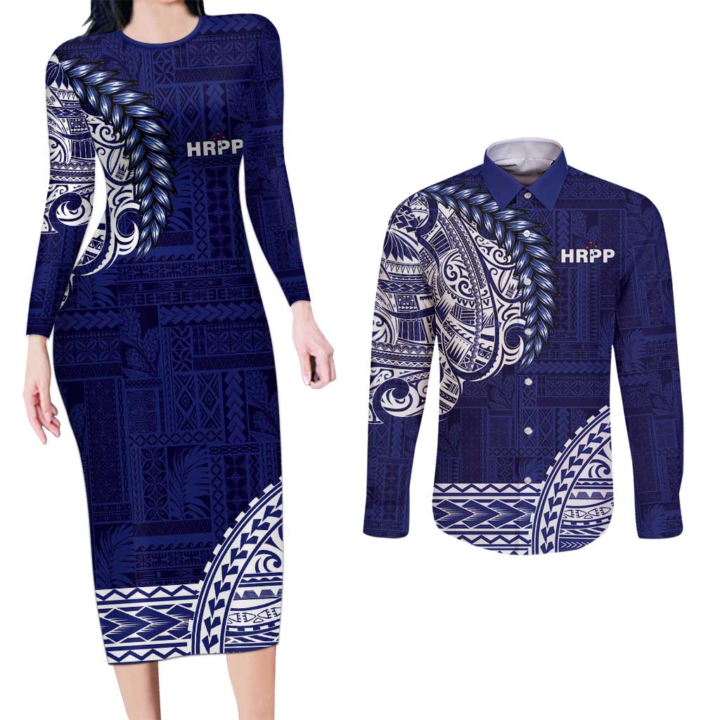 Samoa HRPP Couples Matching Long Sleeve Bodycon Dress and Long Sleeve Button Shirt Samoan Motif Patterns LT9 Blue - Polynesian Pride