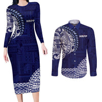 Samoa HRPP Couples Matching Long Sleeve Bodycon Dress and Long Sleeve Button Shirt Samoan Motif Patterns LT9 Blue - Polynesian Pride