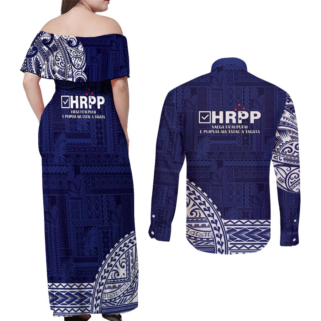 Samoa HRPP Couples Matching Off Shoulder Maxi Dress and Long Sleeve Button Shirt Samoan Motif Patterns LT9 - Polynesian Pride