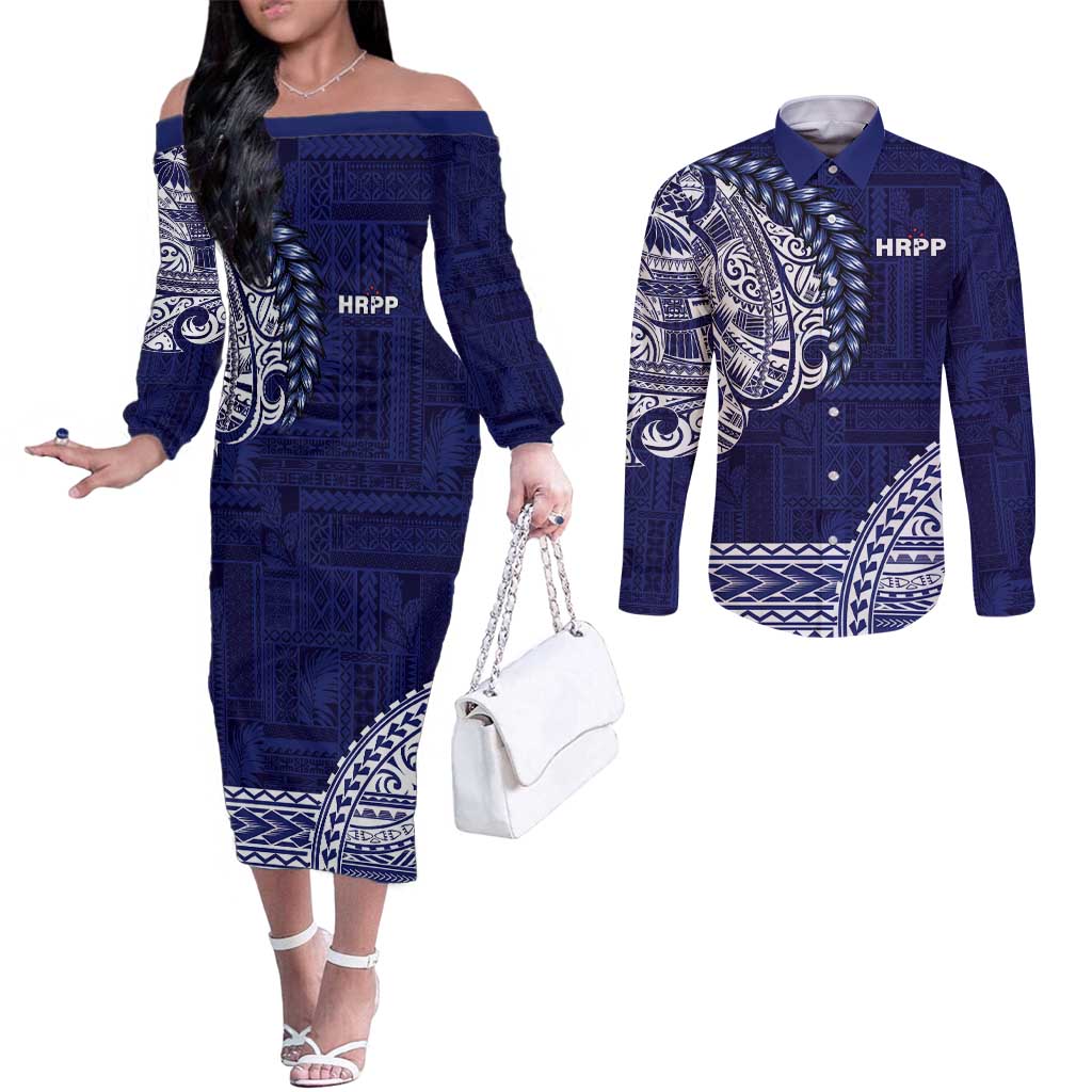 Samoa HRPP Couples Matching Off The Shoulder Long Sleeve Dress and Long Sleeve Button Shirt Samoan Motif Patterns - Polynesian Pride