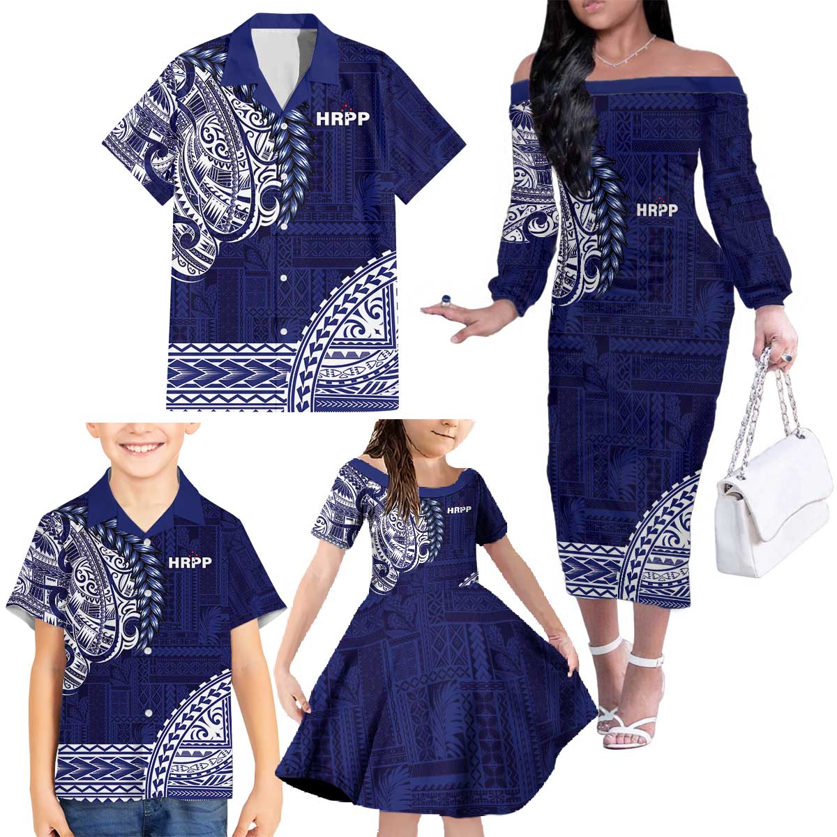 Samoa HRPP Family Matching Off The Shoulder Long Sleeve Dress and Hawaiian Shirt Samoan Motif Patterns - Polynesian Pride