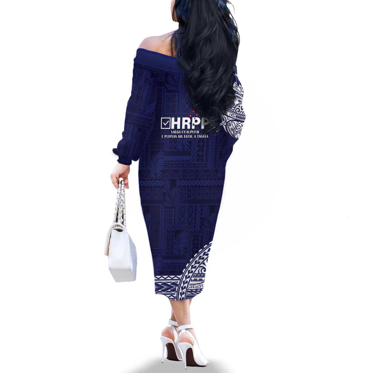 Samoa HRPP Family Matching Off The Shoulder Long Sleeve Dress and Hawaiian Shirt Samoan Motif Patterns - Polynesian Pride