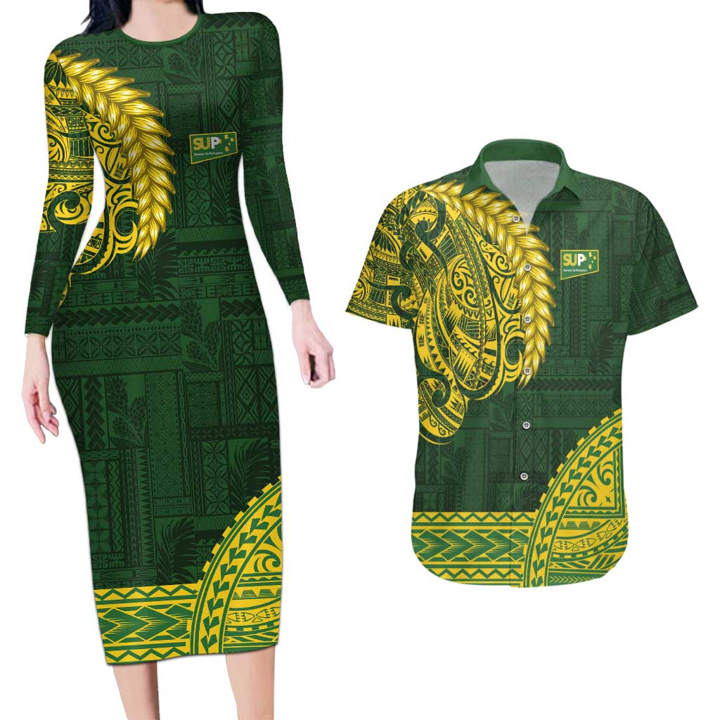 Samoa SUP Couples Matching Long Sleeve Bodycon Dress and Hawaiian Shirt Samoan Motif Patterns - Polynesian Pride