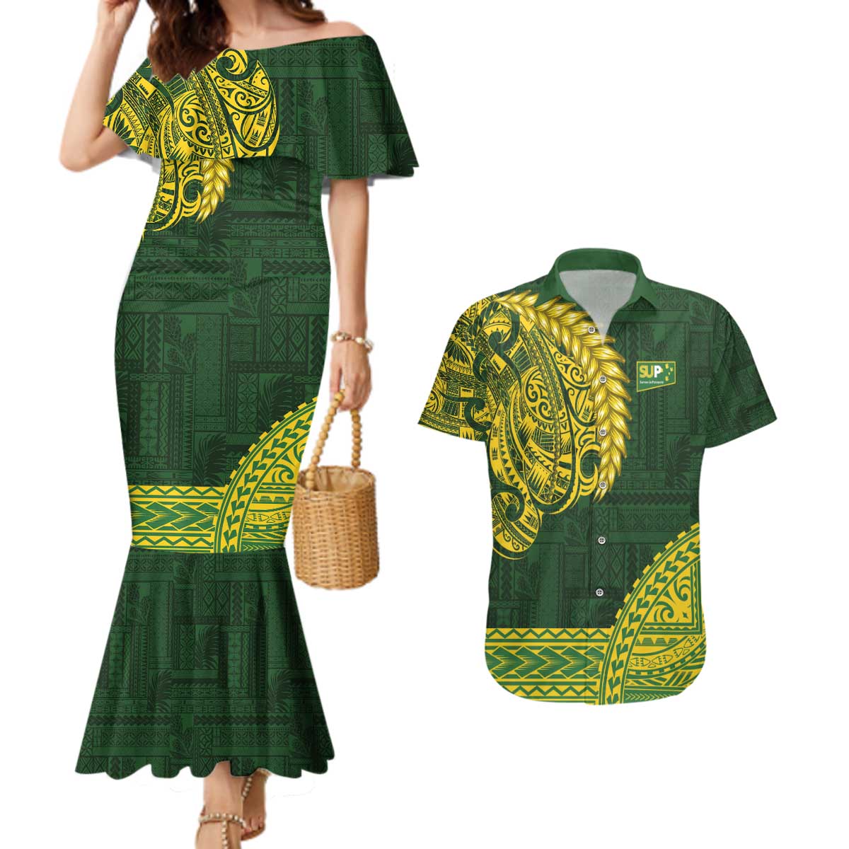 Samoa SUP Couples Matching Mermaid Dress and Hawaiian Shirt Samoan Motif Patterns - Polynesian Pride