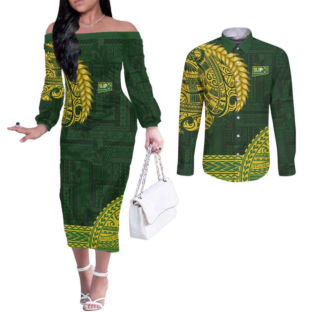 Samoa SUP Couples Matching Off The Shoulder Long Sleeve Dress and Long Sleeve Button Shirt Samoan Motif Patterns LT9 Green - Polynesian Pride