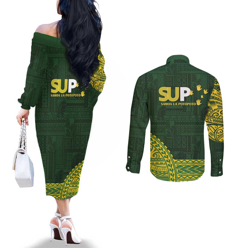 Samoa SUP Couples Matching Off The Shoulder Long Sleeve Dress and Long Sleeve Button Shirt Samoan Motif Patterns LT9 - Polynesian Pride