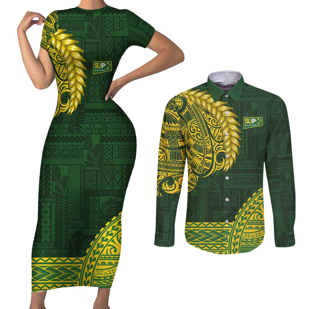 Samoa SUP Couples Matching Short Sleeve Bodycon Dress and Long Sleeve Button Shirt Samoan Motif Patterns LT9 Green - Polynesian Pride