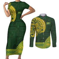 Samoa SUP Couples Matching Short Sleeve Bodycon Dress and Long Sleeve Button Shirt Samoan Motif Patterns LT9 Green - Polynesian Pride