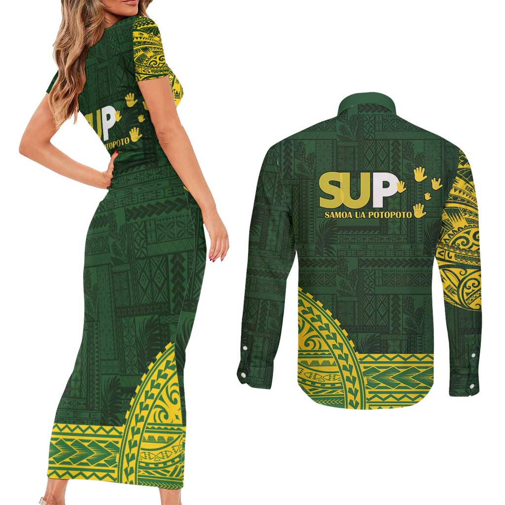 Samoa SUP Couples Matching Short Sleeve Bodycon Dress and Long Sleeve Button Shirt Samoan Motif Patterns LT9 - Polynesian Pride