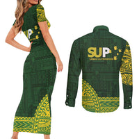 Samoa SUP Couples Matching Short Sleeve Bodycon Dress and Long Sleeve Button Shirt Samoan Motif Patterns LT9 - Polynesian Pride