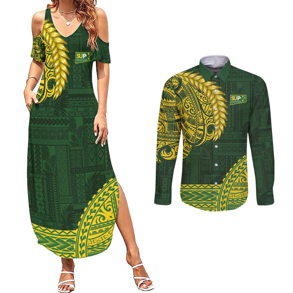 Samoa SUP Couples Matching Summer Maxi Dress and Long Sleeve Button Shirt Samoan Motif Patterns - Polynesian Pride