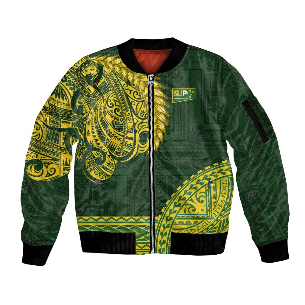 Samoa SUP Sleeve Zip Bomber Jacket Samoan Motif Patterns LT9 Unisex Green - Polynesian Pride