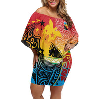 Personalised Torba PNG Day Off Shoulder Short Dress Oro Tapa Pattern - Polynesian Pride