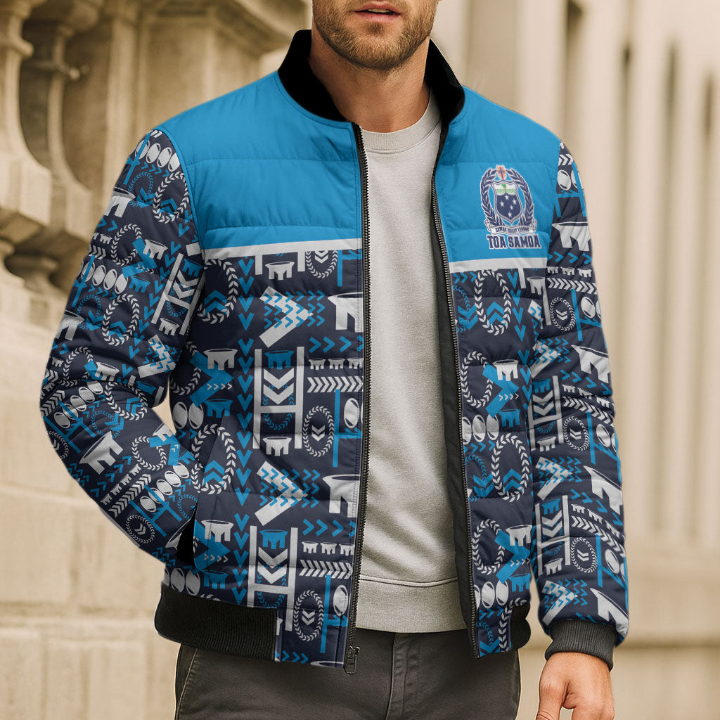 Samoan Warrior Island Heritage Bomber Puffer Jacket Ocean Island Geometry Blue Style LT9 - Polynesian Pride
