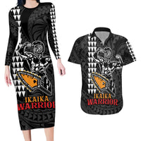 Aloha Spirit Ikaika Warrior Helmet Couples Matching Long Sleeve Bodycon Dress and Hawaiian Shirt LT9 Black - Polynesian Pride