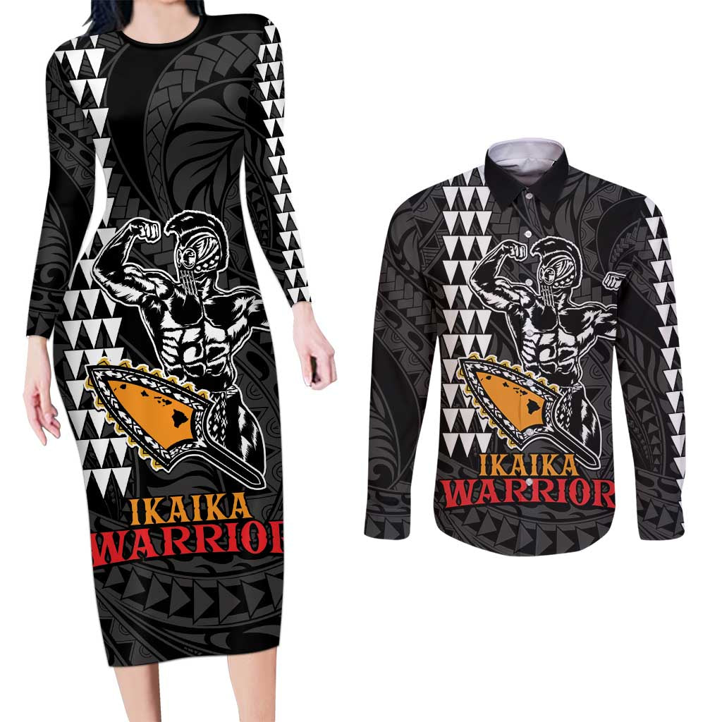 Aloha Spirit Ikaika Warrior Helmet Couples Matching Long Sleeve Bodycon Dress and Long Sleeve Button Shirt