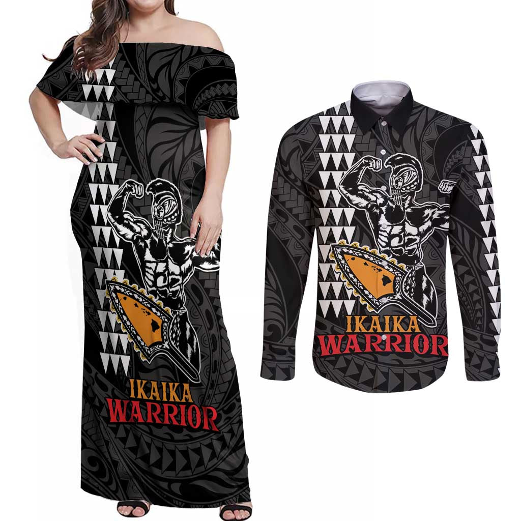 Aloha Spirit Ikaika Warrior Helmet Couples Matching Off Shoulder Maxi Dress and Long Sleeve Button Shirt