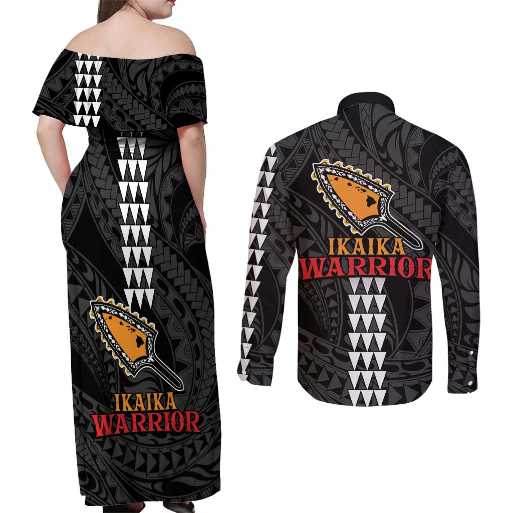 Aloha Spirit Ikaika Warrior Helmet Couples Matching Off Shoulder Maxi Dress and Long Sleeve Button Shirt