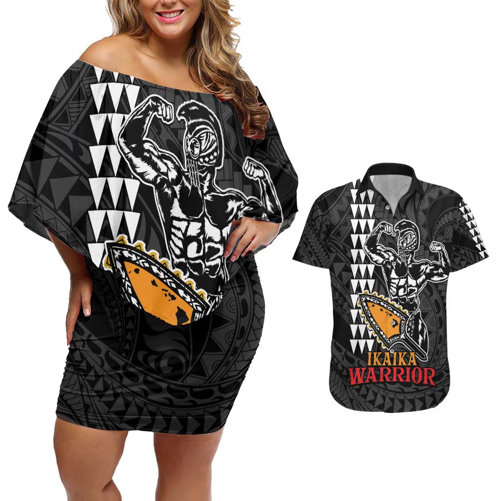 Aloha Spirit Ikaika Warrior Helmet Couples Matching Off Shoulder Short Dress and Hawaiian Shirt LT9 Black - Polynesian Pride