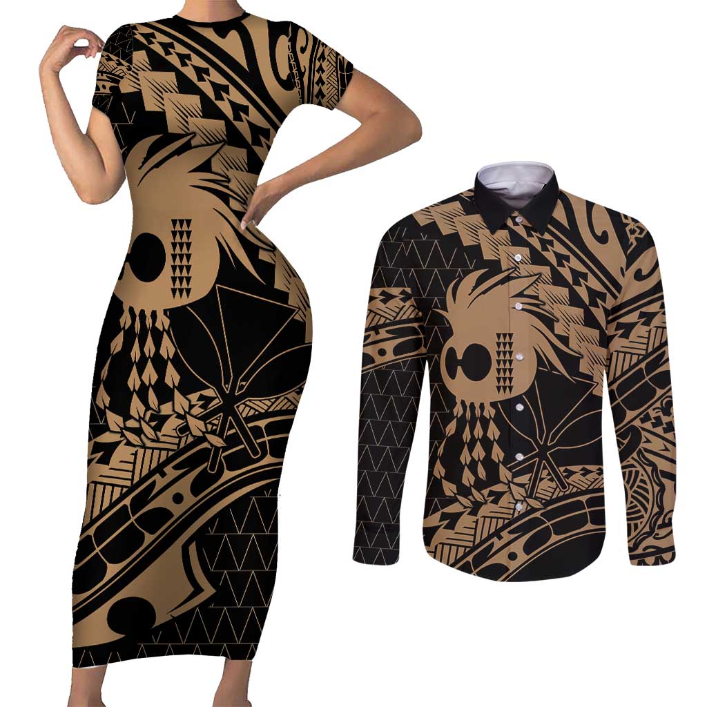Ikaika Hawaiian Mythic Koa Tribal Warrior Couples Matching Short Sleeve Bodycon Dress and Long Sleeve Button Shirt LT9 Gold - Polynesian Pride
