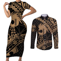 Ikaika Hawaiian Mythic Koa Tribal Warrior Couples Matching Short Sleeve Bodycon Dress and Long Sleeve Button Shirt LT9 Gold - Polynesian Pride