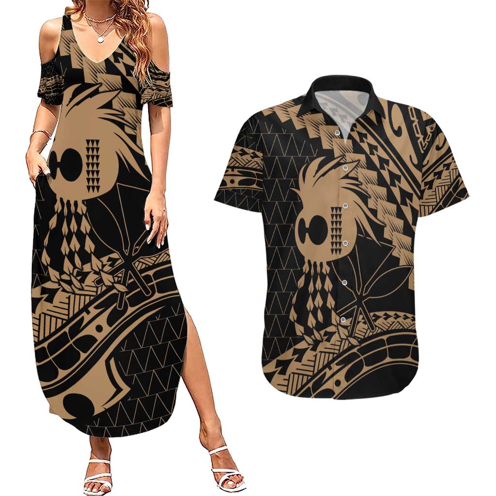 Ikaika Hawaiian Mythic Koa Tribal Warrior Couples Matching Summer Maxi Dress and Hawaiian Shirt LT9 Gold - Polynesian Pride