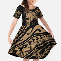 Ikaika Hawaiian Mythic Koa Tribal Warrior Family Matching Short Sleeve Bodycon Dress and Hawaiian Shirt LT9 Daughter's Dress Gold - Polynesian Pride