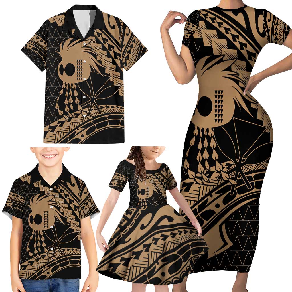 Ikaika Hawaiian Mythic Koa Tribal Warrior Family Matching Short Sleeve Bodycon Dress and Hawaiian Shirt