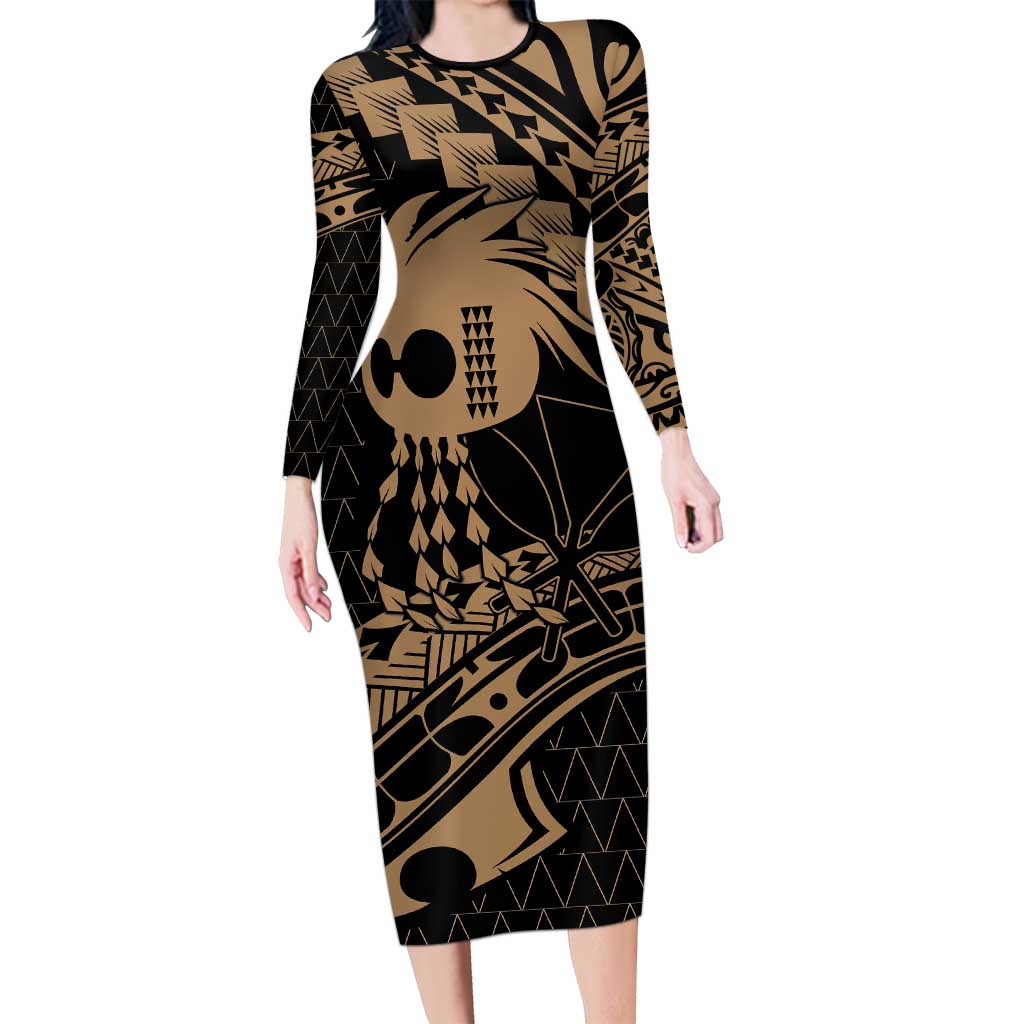 Ikaika Hawaiian Mythic Koa Tribal Warrior Long Sleeve Bodycon Dress