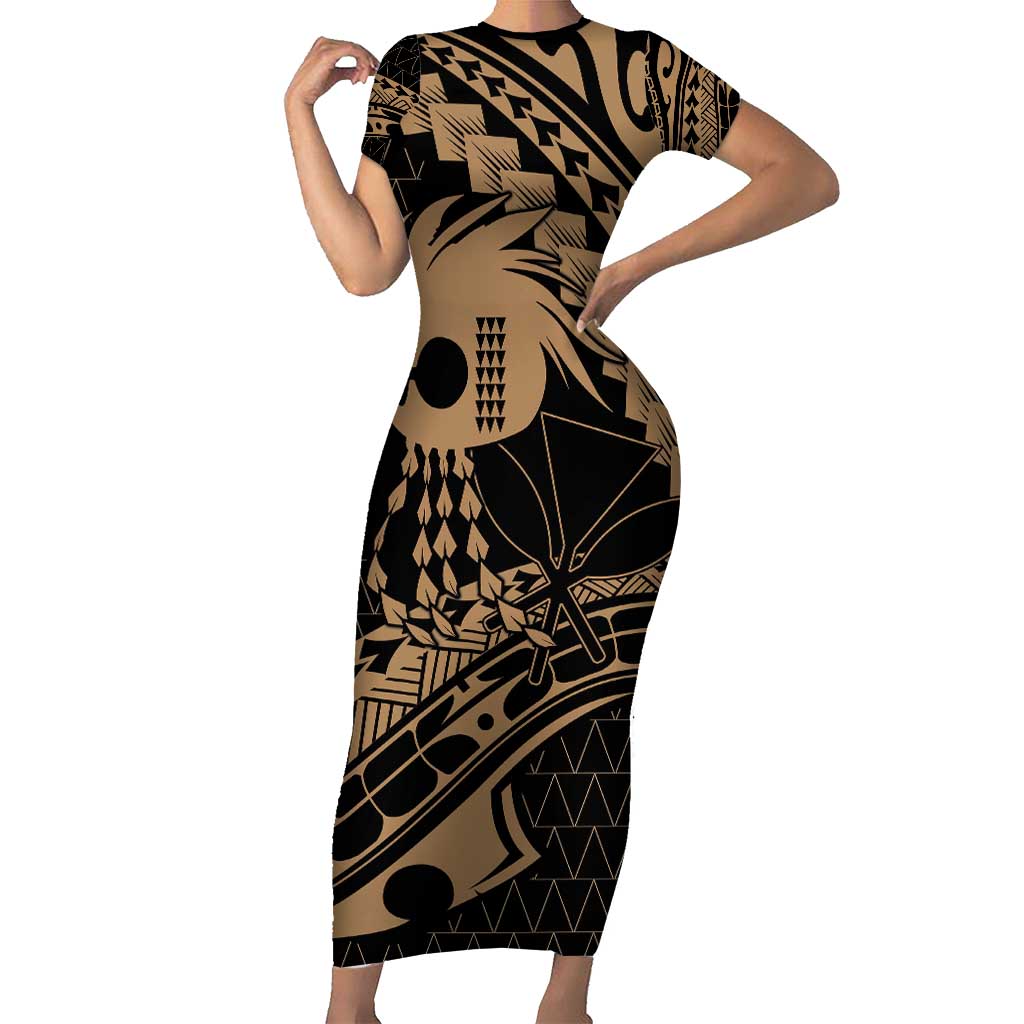 Ikaika Hawaiian Mythic Koa Tribal Warrior Short Sleeve Bodycon Dress