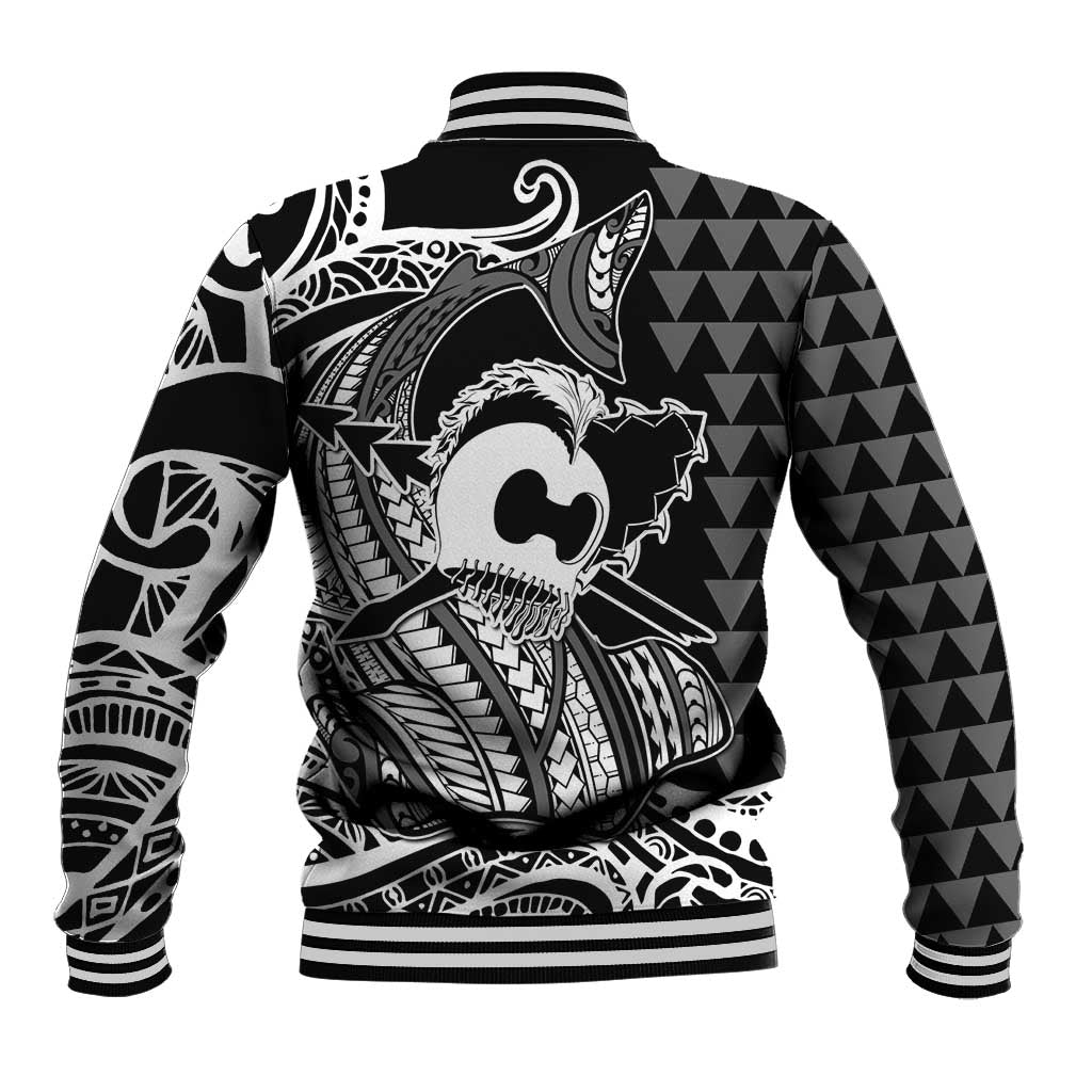 Koa Ikaika Warrior Helmet with Shark Baseball Jacket Black Kakau Style