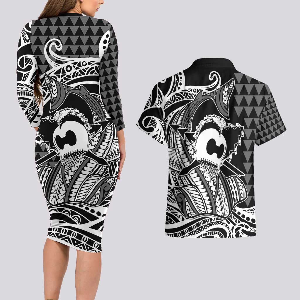 Koa Ikaika Warrior Helmet with Shark Couples Matching Long Sleeve Bodycon Dress and Hawaiian Shirt Black Kakau Style LT9 - Polynesian Pride