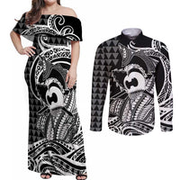 Koa Ikaika Warrior Helmet with Shark Couples Matching Off Shoulder Maxi Dress and Long Sleeve Button Shirt Black Kakau Style